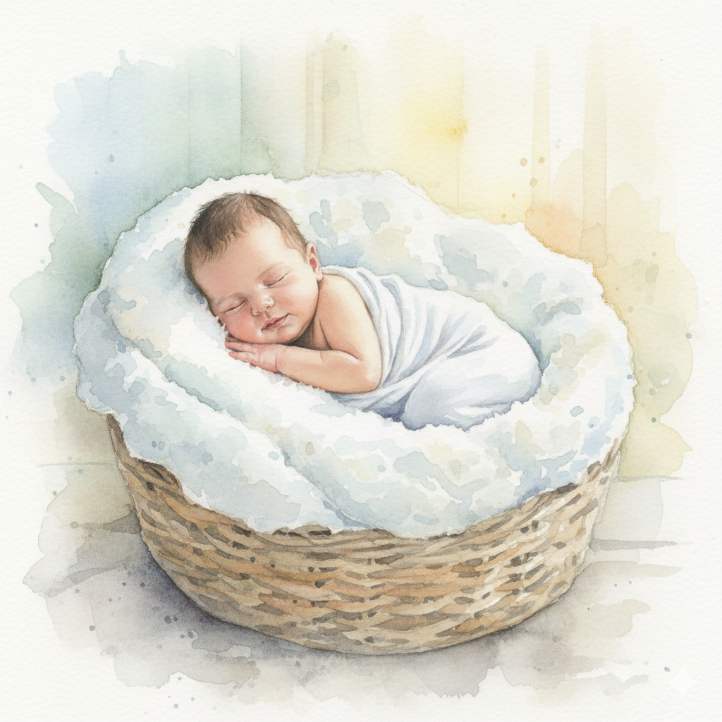 生後1ヶ月でクッションの上ですやすや眠る娘の様子【イラスト】