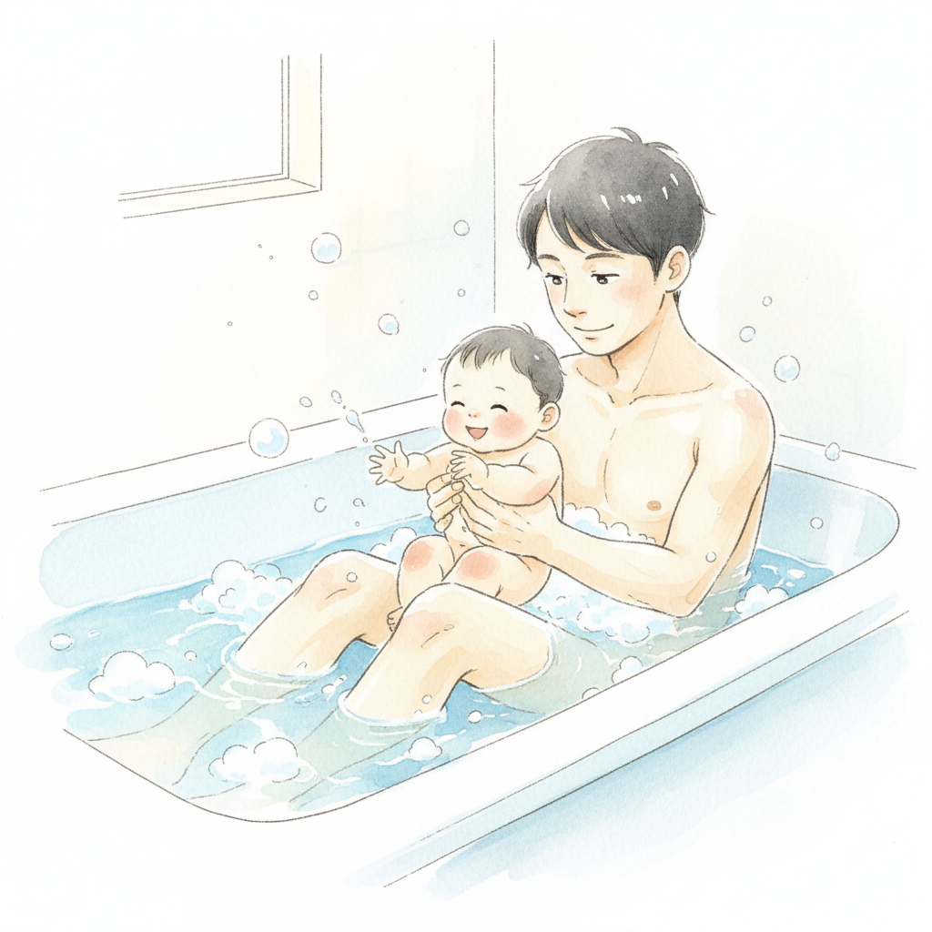 1ヶ月検診後：ベビーバス卒業しパパと一緒にお風呂に入る様子