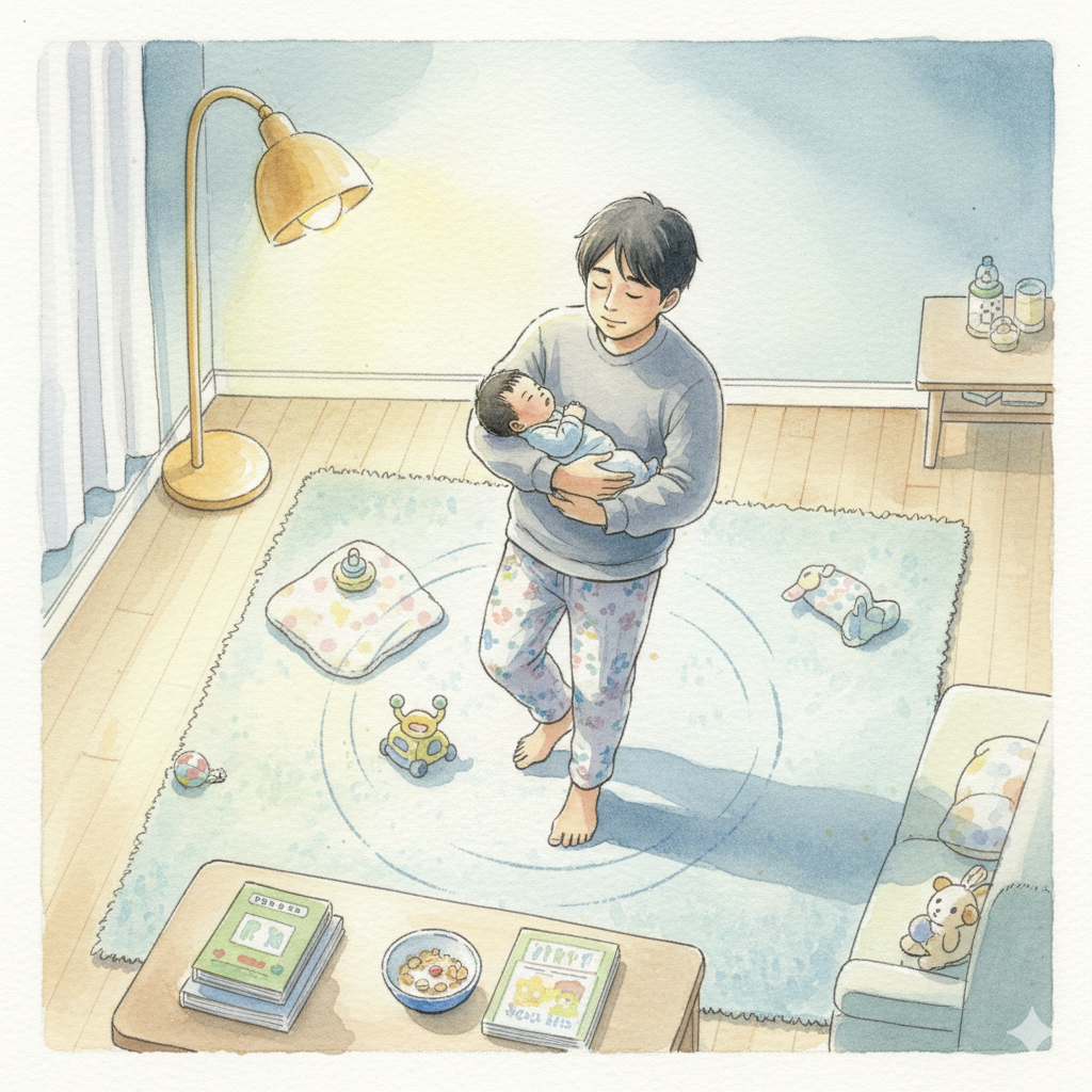 育児がゲーム化】寝かしつけで部屋をぐるぐる歩くパパのリアル