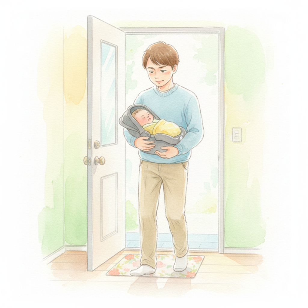 退院後に娘を抱っこし決意を新たにする新米パパ【イラスト】