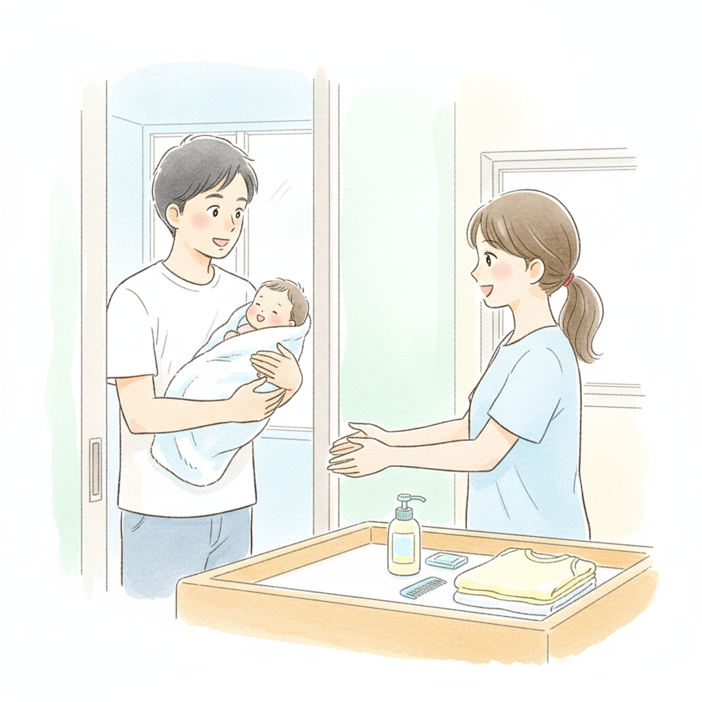 夫婦で協力して沐浴する連携術の様子【イラスト】