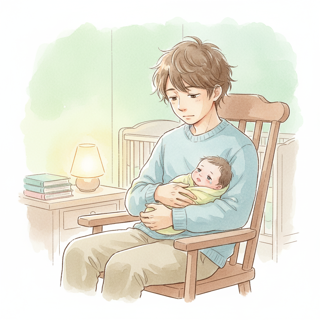 魔の3週目で寝不足だが乗り越えるパパと寝ない娘【イラスト】