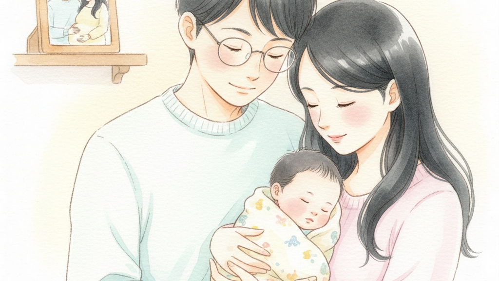 生後1ヶ月の新米パパ奮闘記：娘を抱っこする夫婦の様子