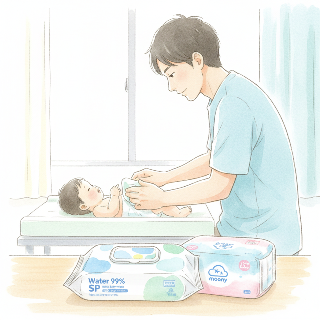 「ムーニーのオムツ」と「水99% SP 厚手おしりふき」**が並べられ、優しくおしりふきを使っているパパの横顔のイラスト。