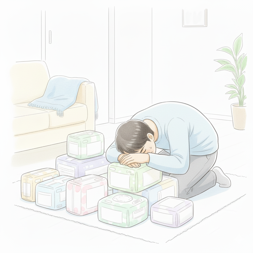 サイズアウトしたおむつの山を見て、ガッツリ崩れ落ちて絶望しているパパのイラスト。ユーモラスだが温かい水彩画風。