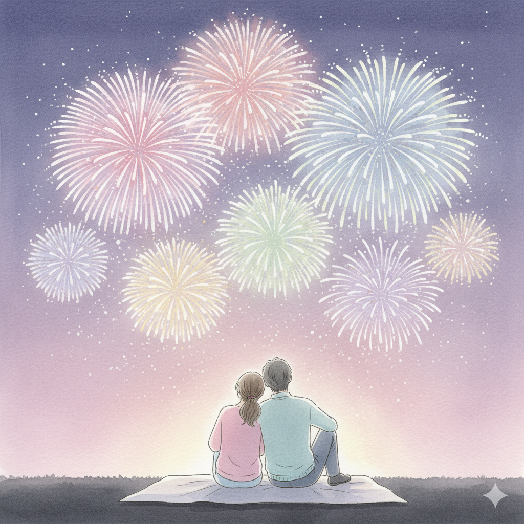 鹿児島のお祭りで、シートに座って花火を見上げる家族