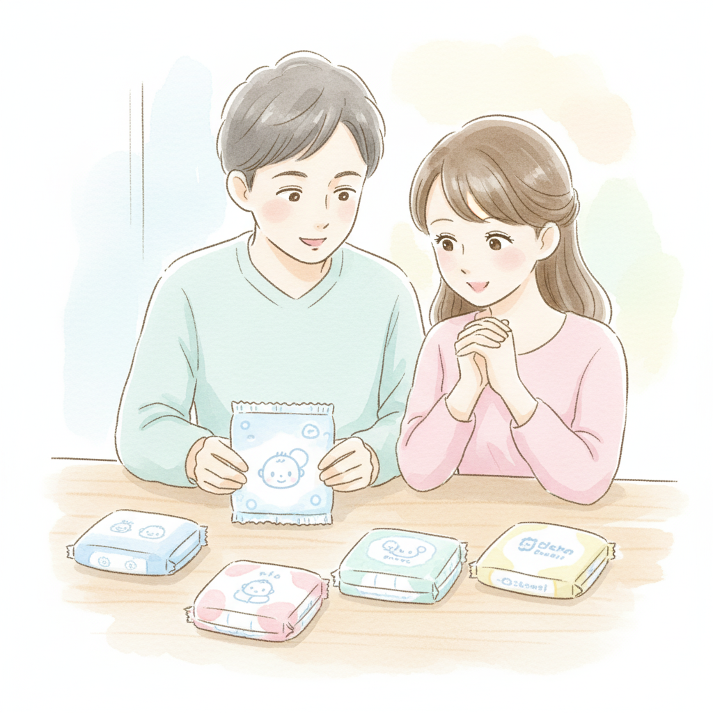 アカチャンホンポなどの妊婦特典でもらった、様々なメーカーの試供品おむつが並んでいるイラスト。