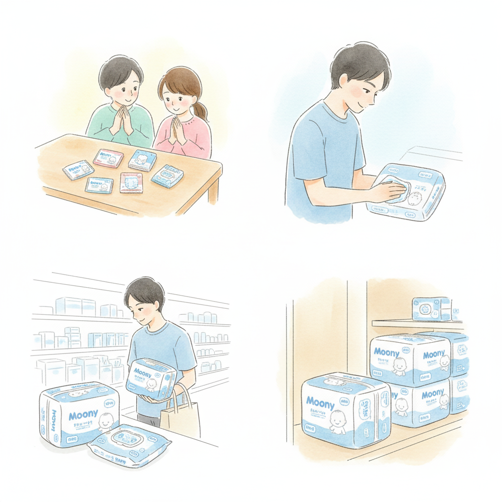 同じムーニーのおむつが綺麗にストックされている様子