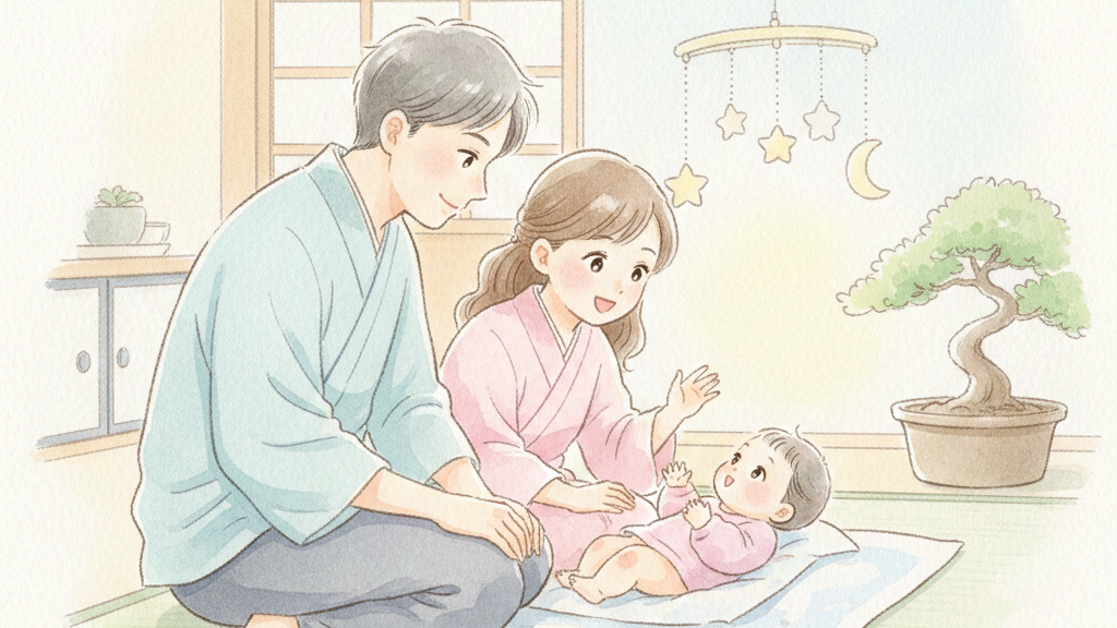 生後1ヶ月を迎え、目を合わせて笑う娘に感動するパパとママの様子