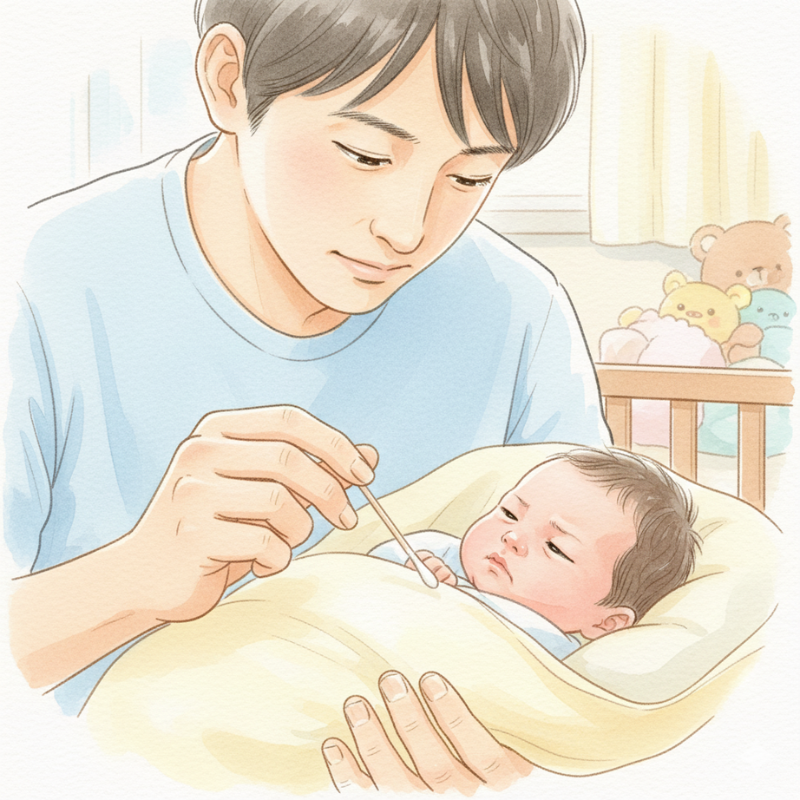 新生児の便秘対策:授乳前の綿棒浣腸の様子