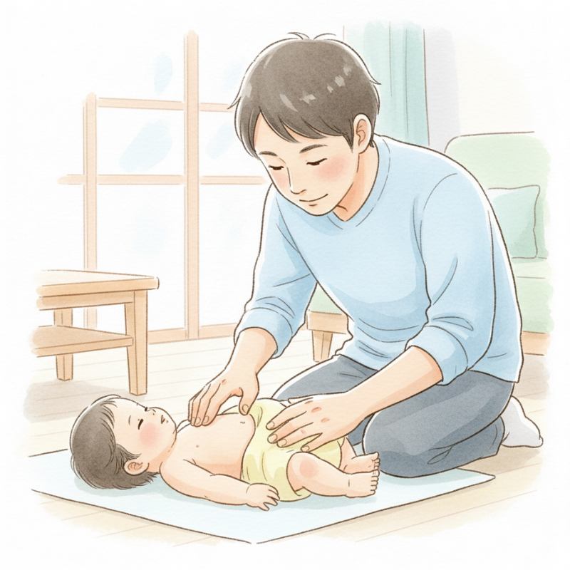 泣いていない時にパパがお風呂で確認するお腹の張りのチェック