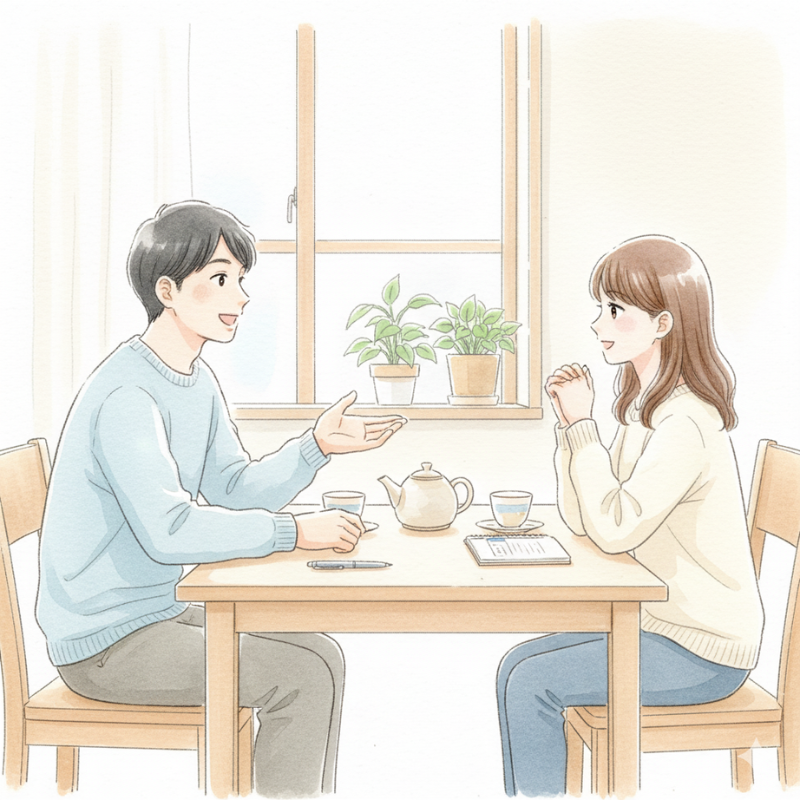 夫婦喧嘩がなく会話で解決するパパと妻のイラスト