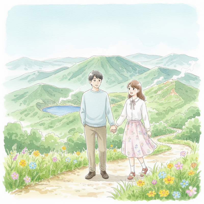 鹿児島移住体験ツアーに参加する夫婦のイラスト