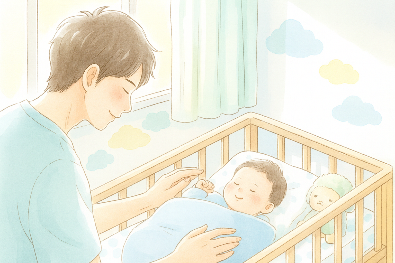 生後3ヶ月の赤ちゃんを見守るパパのイラスト。SIDS対策、ヒヤリハット防止の重要性を訴える。