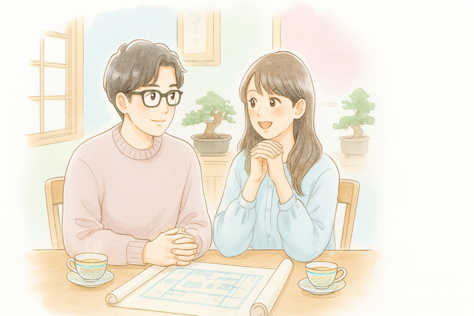 家づくりの話し合いをする夫婦（家族）のイラスト
