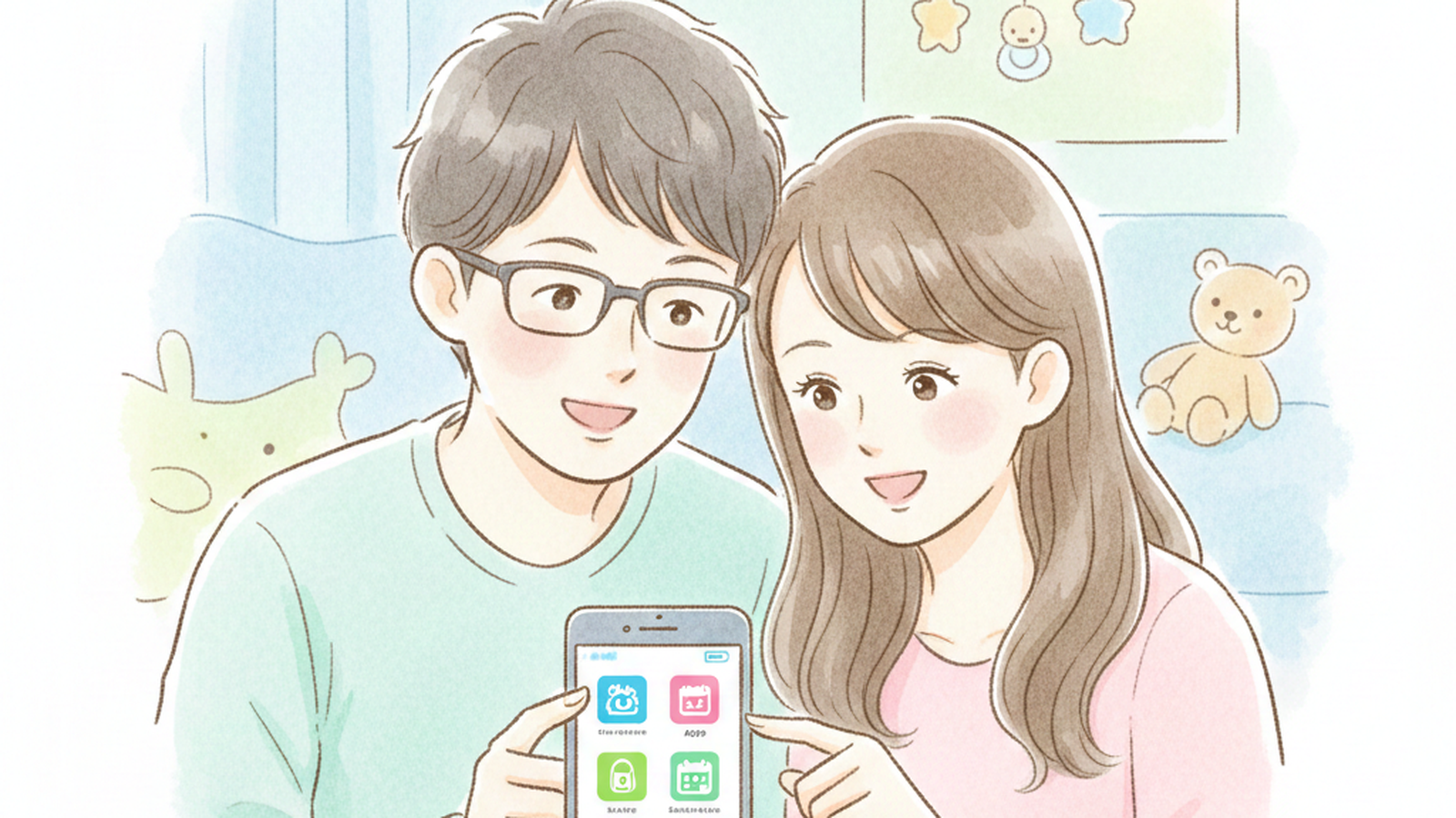 子育て世代の夫婦が育児アプリを活用して情報共有するイメージ