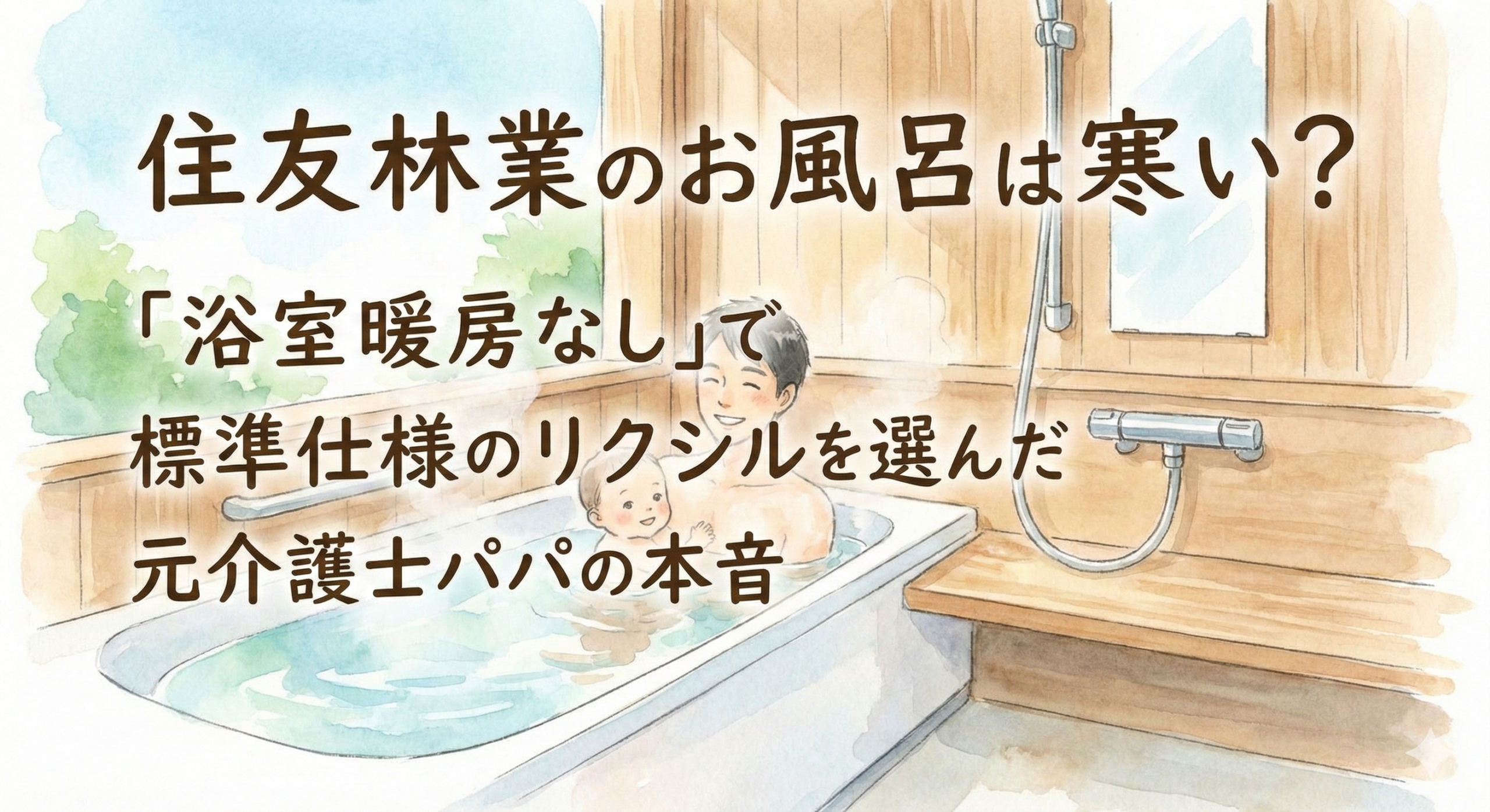 住友林業のお風呂で赤ちゃんと入浴するパパのイラスト