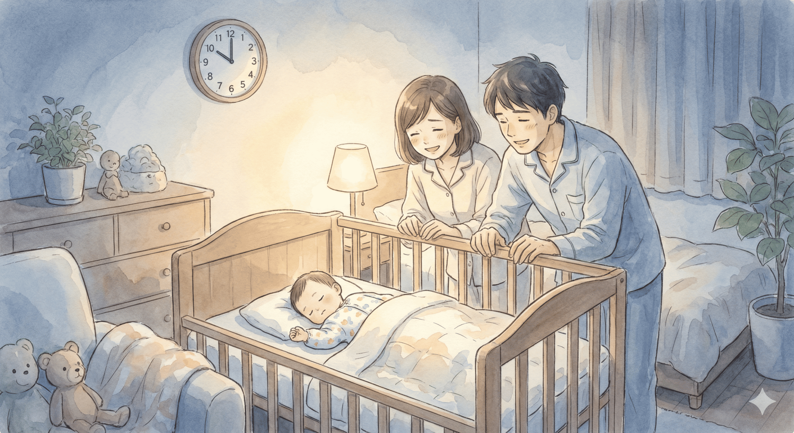 ぐっすり眠る赤ちゃんと、それを見守る（またはガッツポーズする）パパママ。安心感と「やったぜ」感。