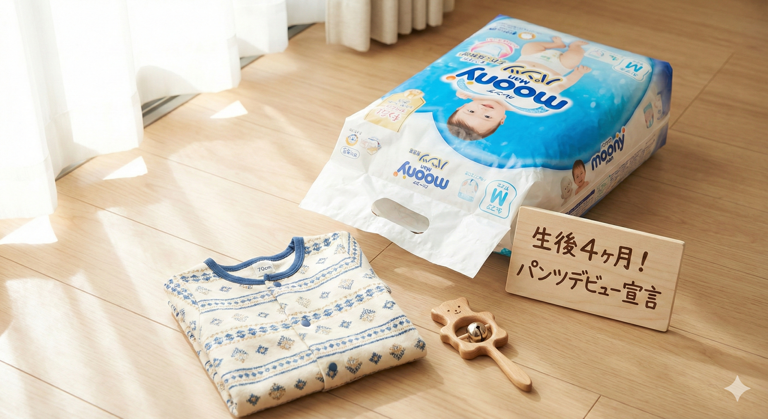 「ムーニーマン」パンツタイプ（Mサイズ）の開いたパッケージが、かわいく畳まれたベビーロンパース（70cmサイズ）と小さなガラガラのおもちゃの横に置かれている。その隣には「生後4ヶ月！パンツデビュー宣言」と手書きされた小さな木の看板（カード）が立てかけられている。