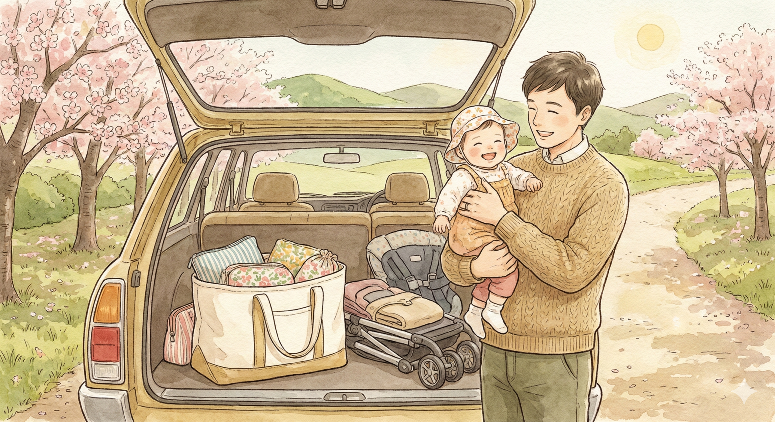 赤ちゃんとのお出かけ 車のトランク収納とトートバッグの活用イメージイラスト