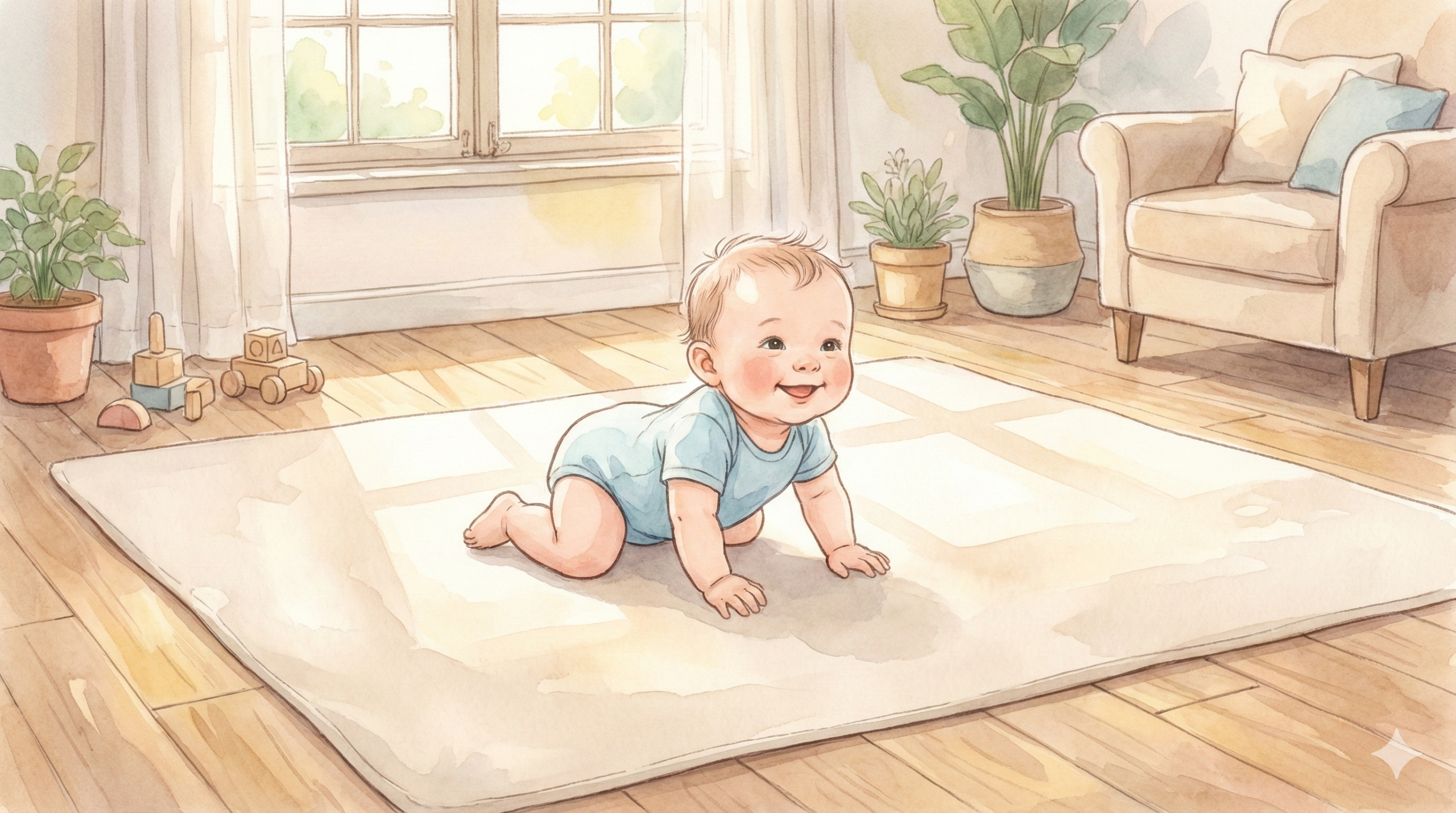 かわいい生後5ヶ月の赤ちゃんが、大きくて溝のない平らなベージュのプレイマットの上で楽しそうにズリ這いしている、柔らかい水彩画風のイラスト。部屋は美しいフローリングで、温かくスタイリッシュな雰囲気。窓から陽の光が差し込んでいる。優しい筆遣い、パステルカラー、絵本のようなイラストスタイル、明るく穏やかな雰囲気。