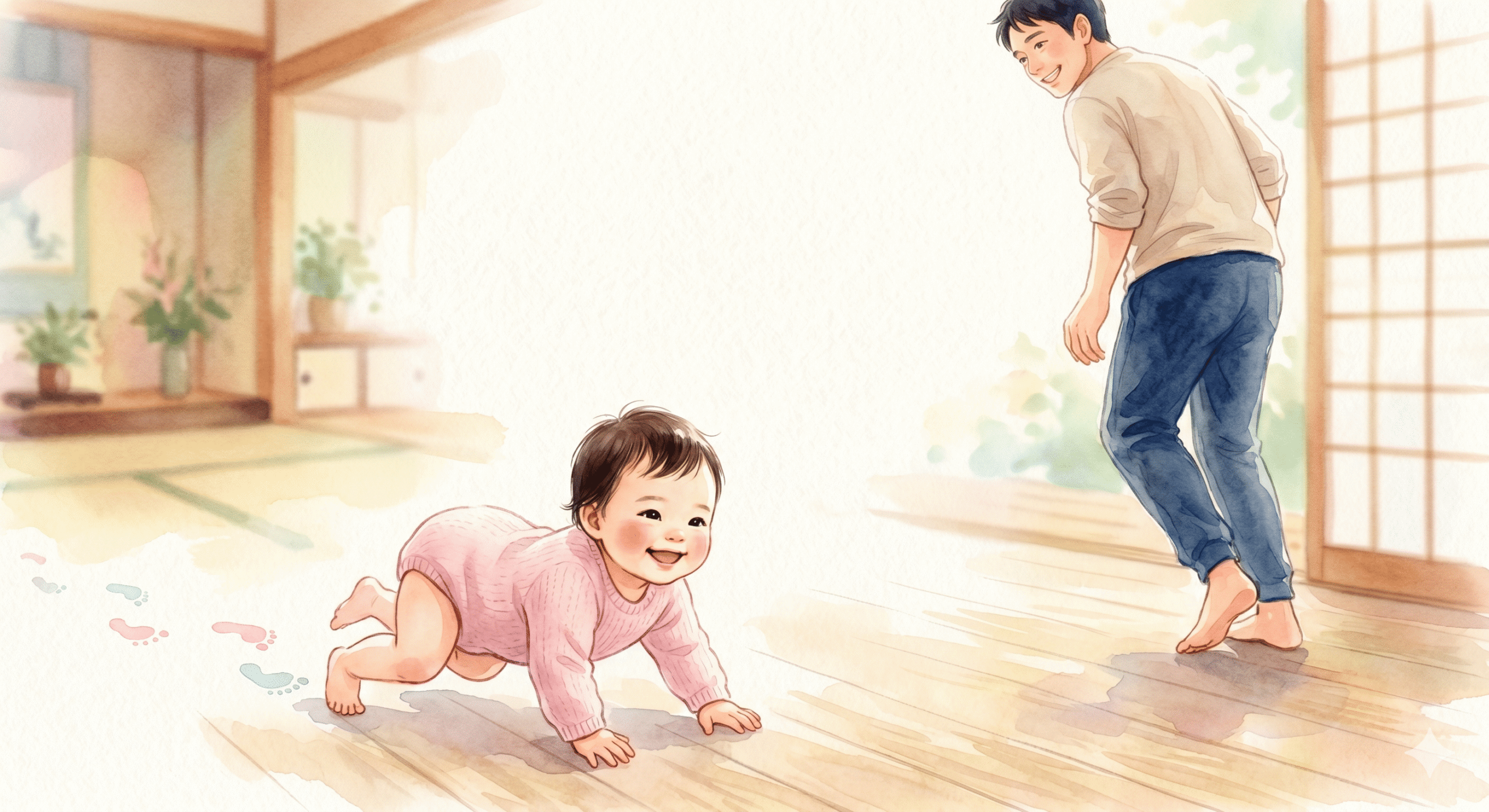 生後7ヶ月。ハイハイをマスターして笑顔で後追いする様子