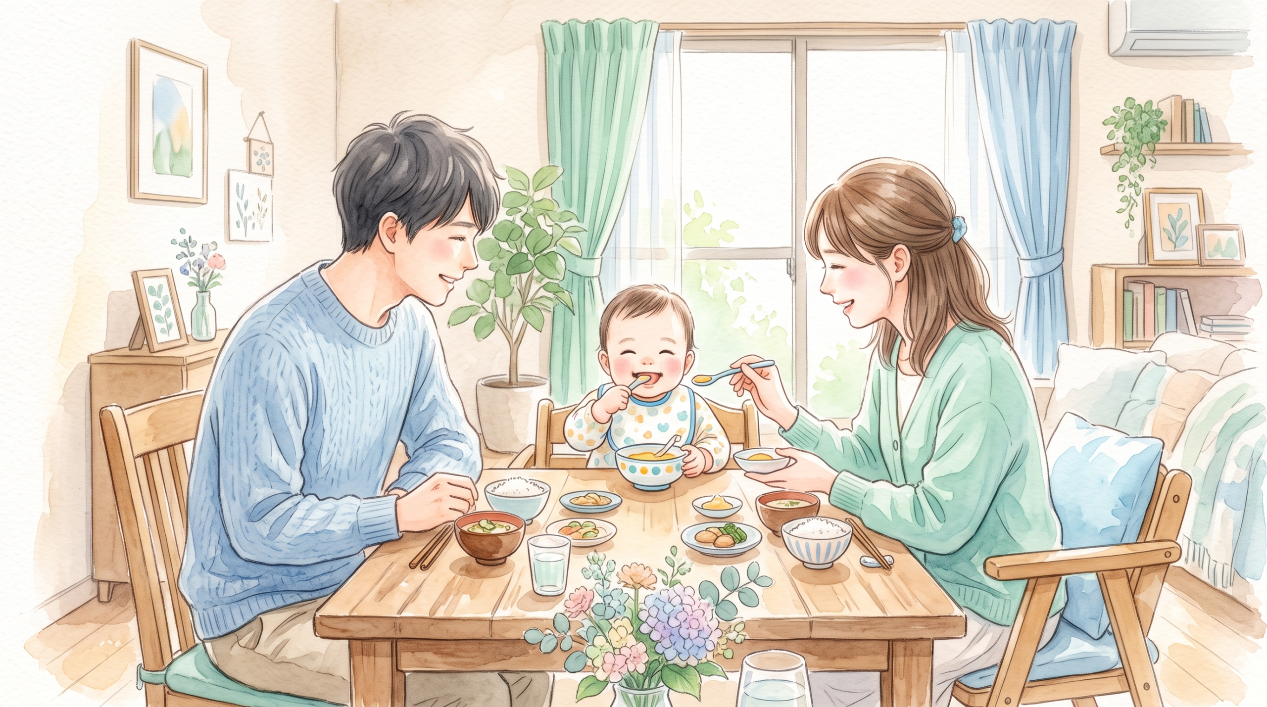 夫婦で離乳食をあげる我が家の食卓